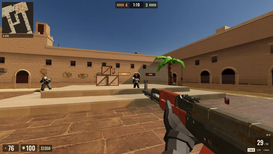First-person view holding an AK-R rifle in a sunlit desert courtyard while two soldiers on a stone platform fire back, tracers crossing the square