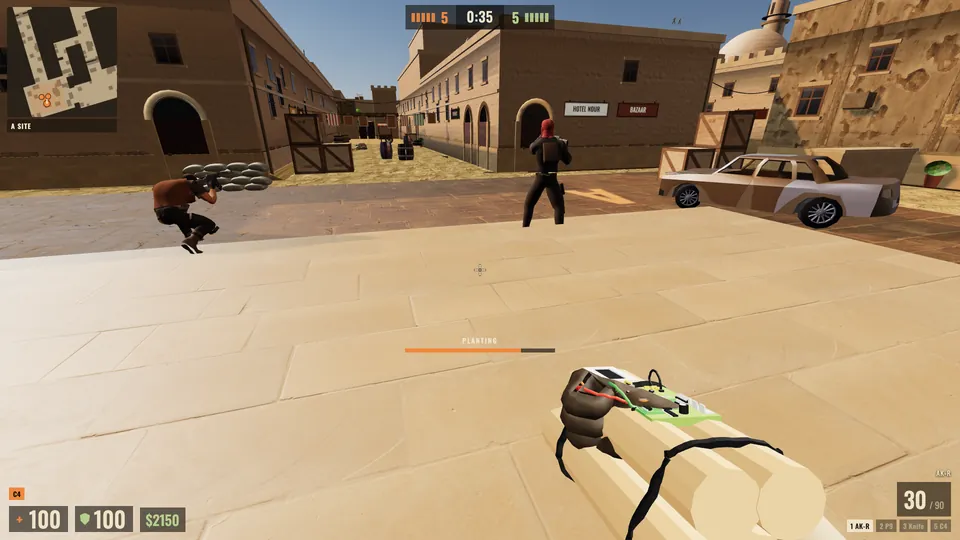 First-person view of hands placing a bomb on a sandstone floor with a planting progress bar, two teammates aiming down a desert street
