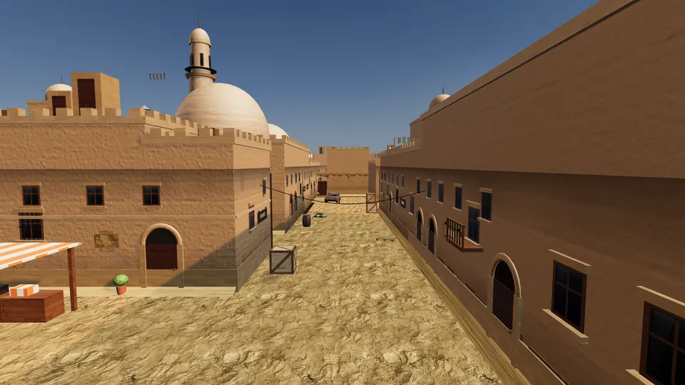 A sunlit desert town street from above, sandstone buildings with arched doors and wooden shutters, a minaret and large dome on the left
