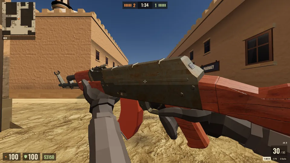 First-person close-up of gloved hands turning a worn AK-style rifle with a rusted steel receiver and red wood stock in a sunny alley