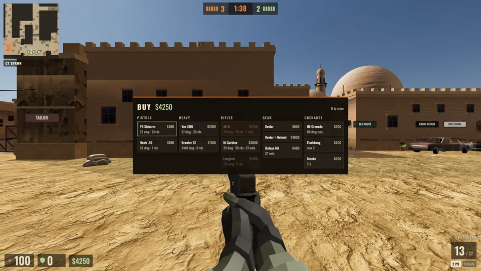 In-game buy menu listing pistols, heavy weapons, rifles, gear and grenades with dollar prices and per-gun damage