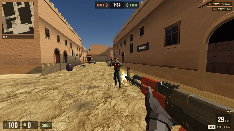 First-person view down a sunlit desert street, an AK-R firing at a soldier who fires back from the middle of the road, a pharmacy sign on the wall