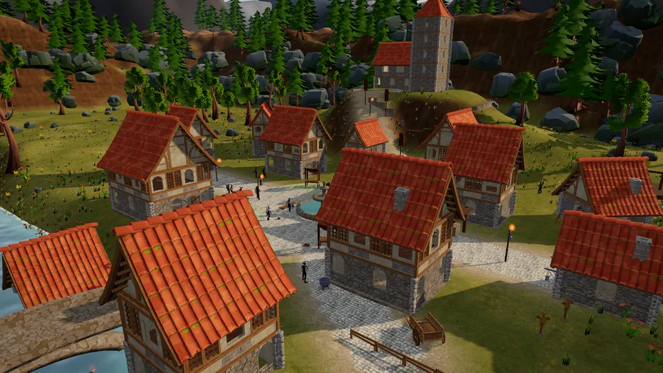 The town of Stonebridge from above, with tiled roofs, a cobbled square, a fountain and a stone tower on the hill