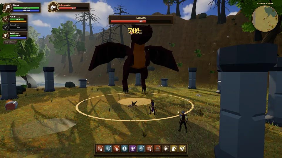 A mage and party fight Ashmaw, a giant winged wyvern boss, inside a ring of stone pillars with a glowing ground telegraph