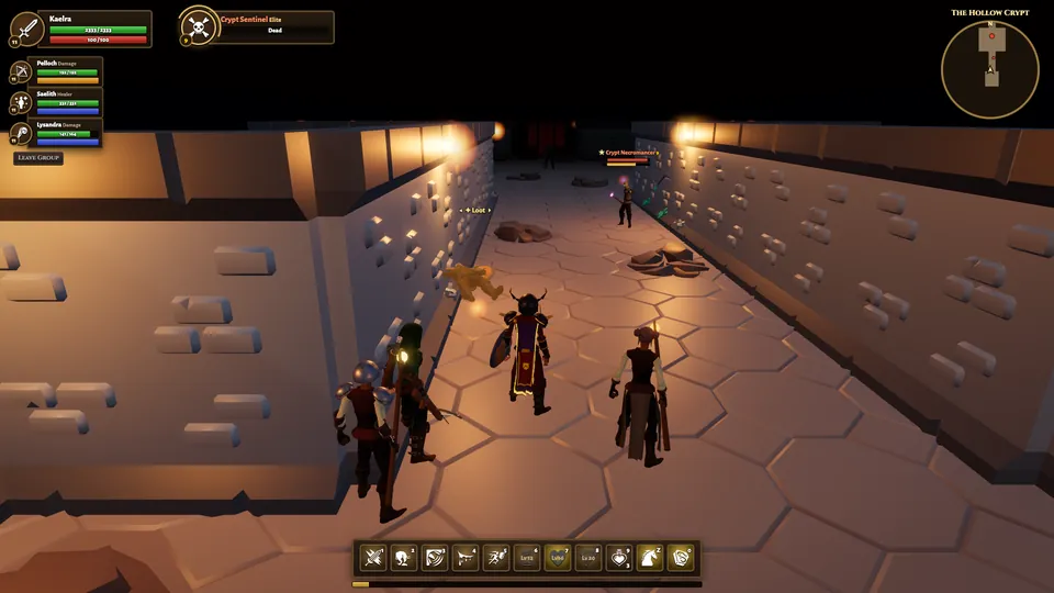 A four-person party walks a torch-lit stone crypt corridor toward a necromancer