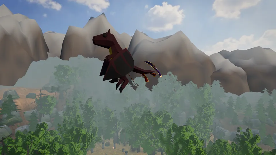 A player rides a red wyvern over a pine forest with mountains behind