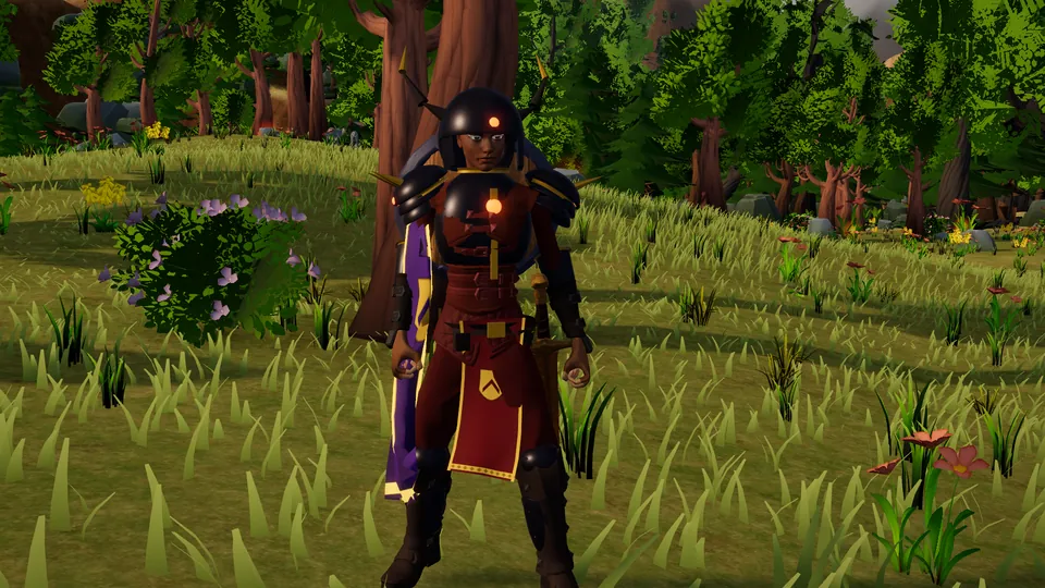 A warrior in dark red and black plate armour with a horned helm stands in a sunny meadow