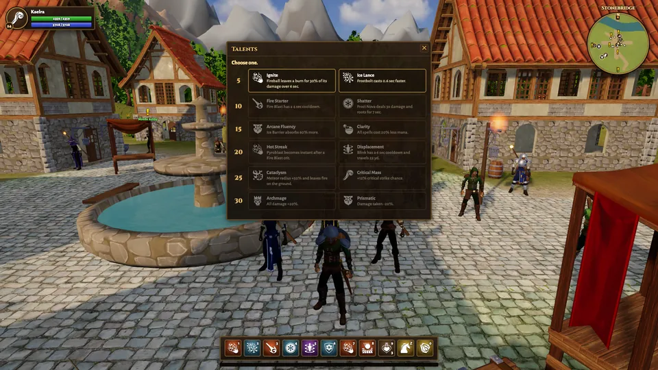 The mage talent window listing six tiers of two choices, such as Ignite, Ice Lance, Hot Streak and Archmage