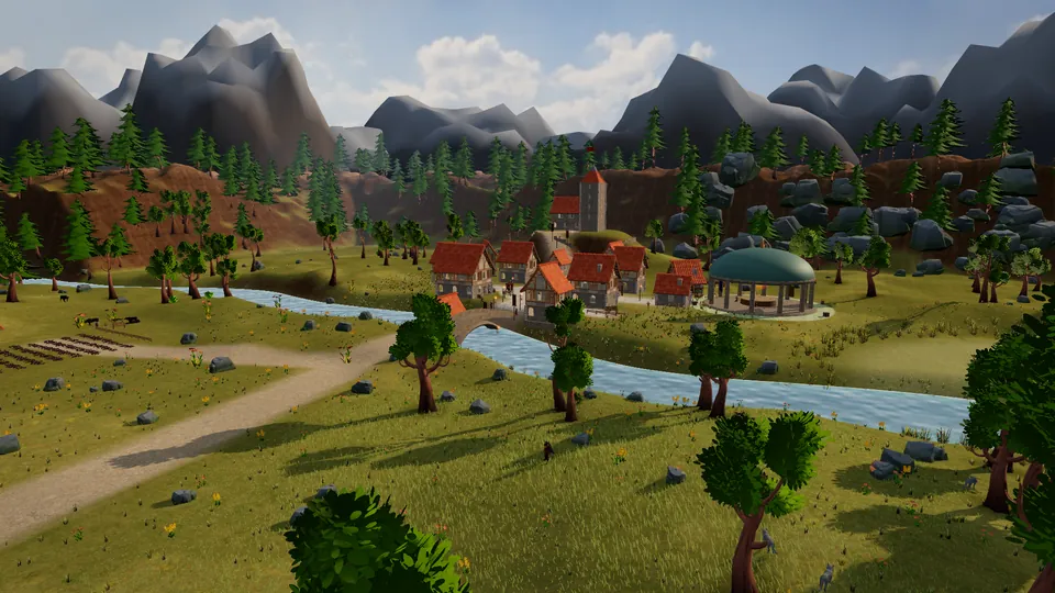 A sunny valley with a river, a stone bridge and a red-roofed village under low-poly mountains