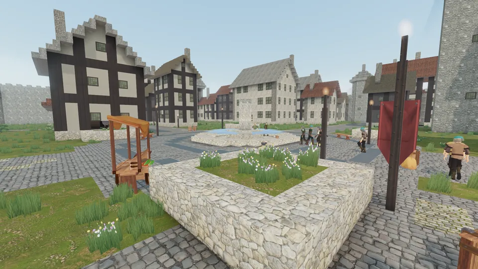 Townsfolk walking around a fountain plaza between timber-framed houses in a voxel medieval capital
