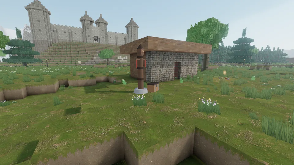 A small stone and wood hut in a meadow next to a carved claim totem and upkeep box, with a hilltop castle behind