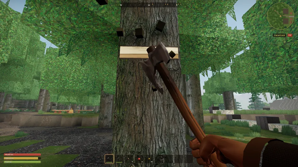 First-person view swinging a stone axe into an oak trunk with wood chips flying and a survival HUD