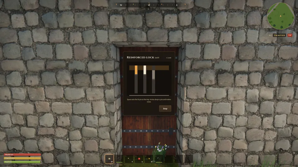 Lockpicking minigame panel with three pins shown over a reinforced wooden door set in a cobblestone wall