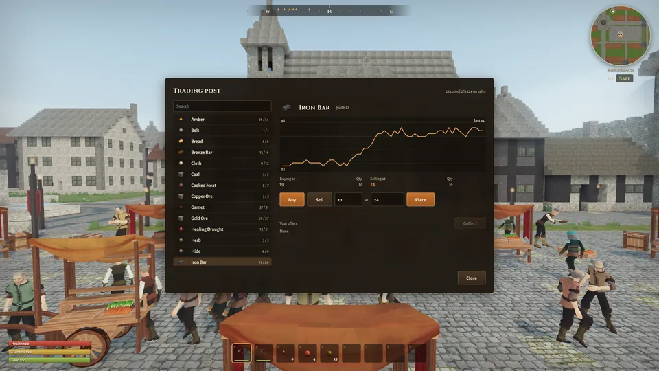 Trading post window showing an iron bar price chart and buy and sell offers over a busy market square