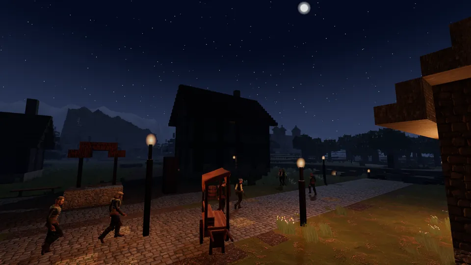 Night in a voxel village with glowing lamp posts, villagers on a cobbled street, stars and a full moon