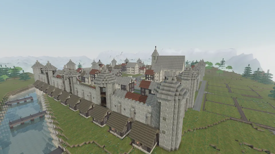Aerial view of a walled voxel capital city with stone towers, timber houses, a cathedral, riverside docks and snowy mountains behind