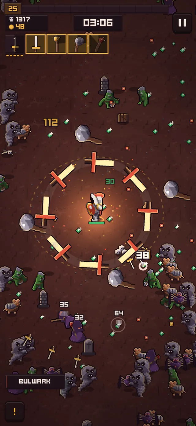 A pixel-art knight inside a ring of eight spinning greatswords, surrounded by ghosts, rats and goblins on a dark red crypt floor, green XP gems scattered around
