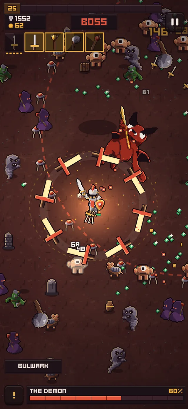 A red winged demon boss lunges at a pixel-art knight inside a ring of spinning swords, a boss health bar labeled The Demon along the bottom