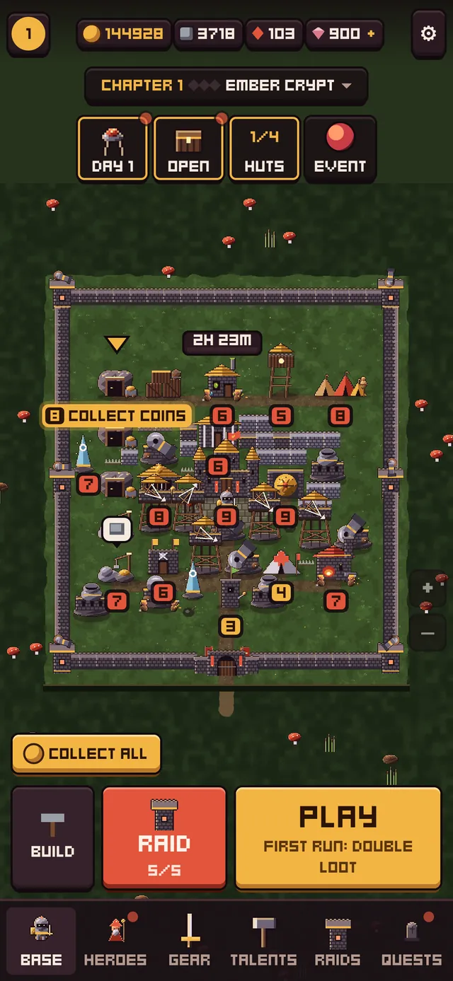 A top-down pixel-art fortified base inside a stone wall with towers, cannons, tents and mines, level badges on each building, and Build, Raid and Play buttons