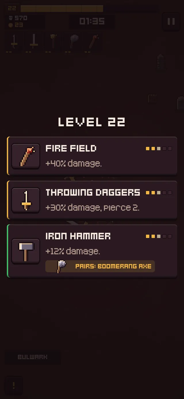 Level 22 upgrade screen with three cards: Fire Field, Throwing Daggers and Iron Hammer, with a hint that Iron Hammer pairs with Boomerang Axe