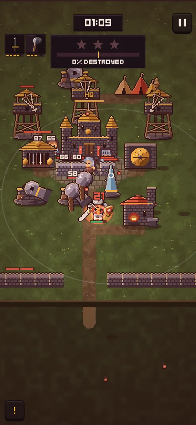 A pixel-art knight raiding an enemy base beneath its HQ castle, surrounded by archer towers and a cannon, with a 1:09 timer and a three-star meter