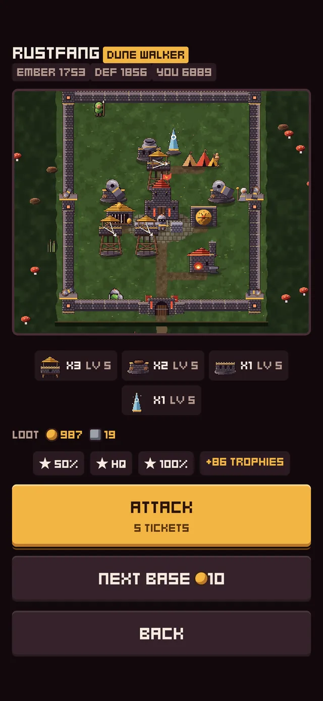 Raid preview of a rival base named Rustfang showing its walled layout, its defenses, loot of 987 coins and 19 scrap, and the three star goals