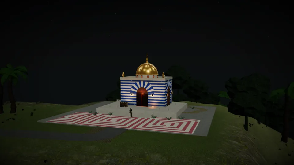 A striped blue and white temple with a gold dome glows on a dark tropical hilltop at night, a small survivor at its steps