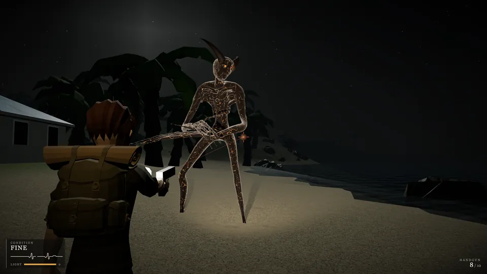Over the shoulder, a survivor aims a handgun with a flashlight at a towering horned demon with glowing ember cracks on a moonlit beach
