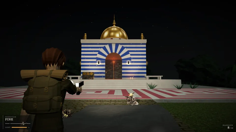 A survivor aims at the striped temple door as two small horned imps scuttle across the plaza in the flashlight beam