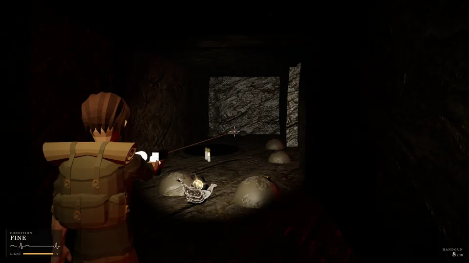 In a narrow rock tunnel lit by candles, a flashlight beam catches a small horned imp crouched on the floor ahead