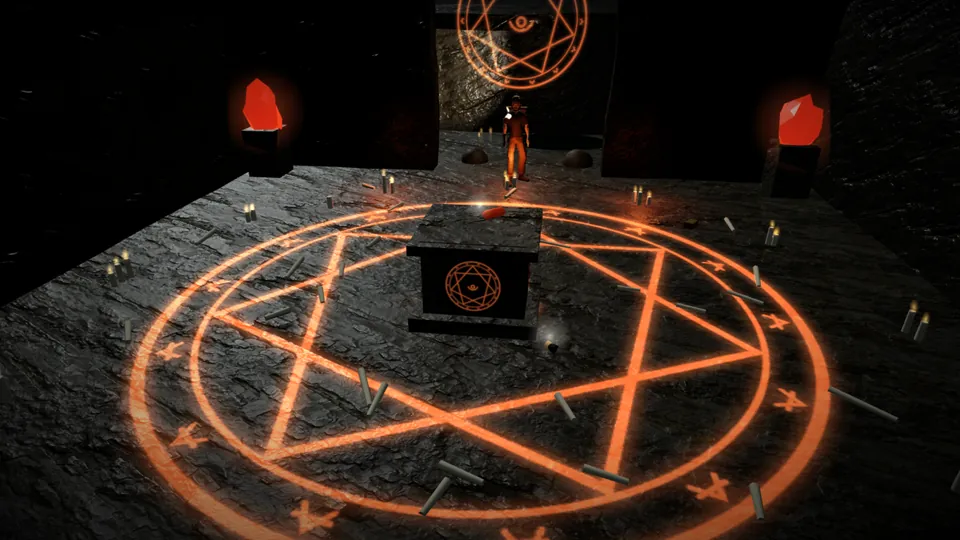 An underground chamber with a glowing orange ritual circle carved into the stone floor, a dark altar and burning red crystals