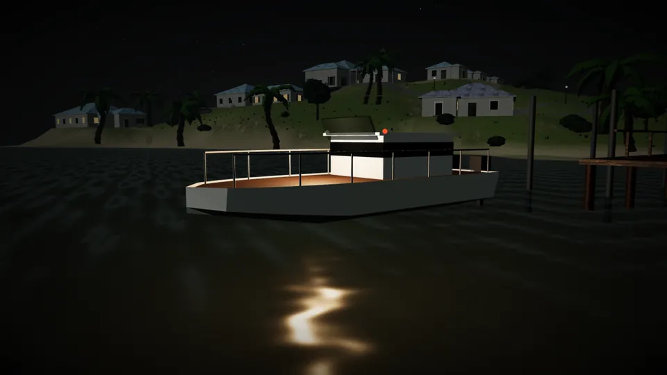 A small white motorboat with warm running lights pulls away from a wooden pier at night, pale villas and palms on the hill behind