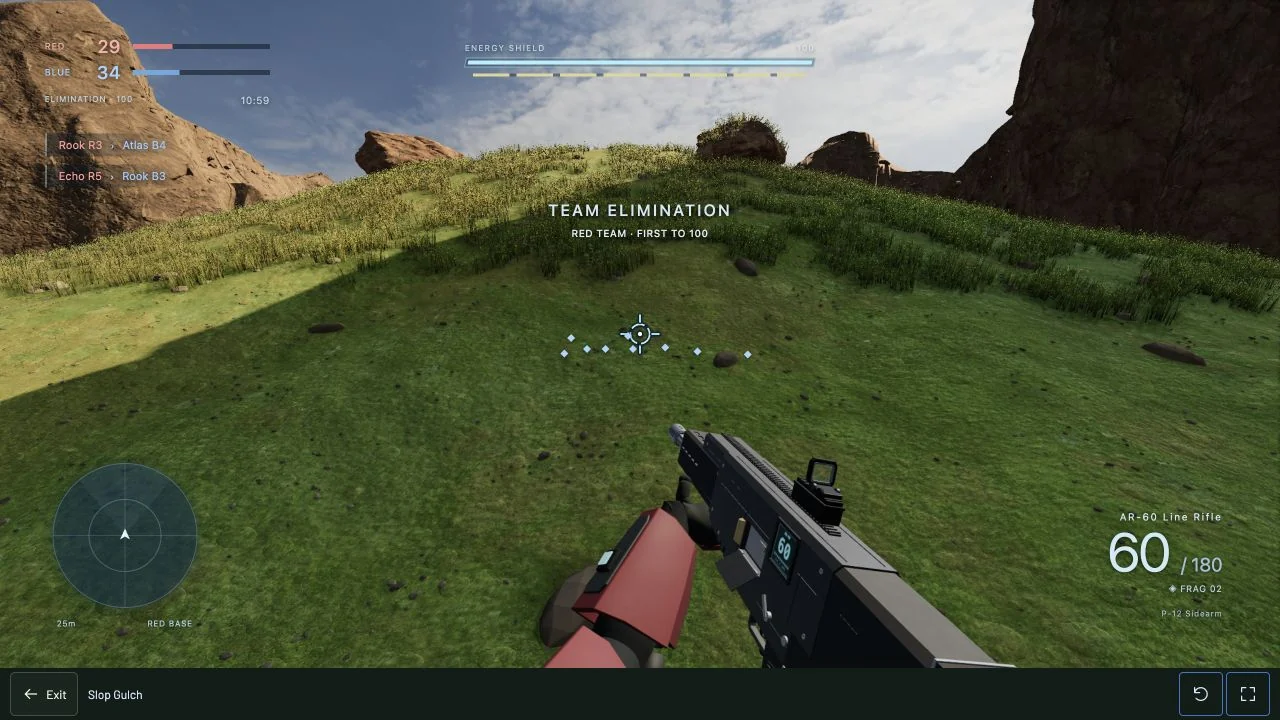 First-person Slop Gulch match in a grassy canyon, with shields, rifle and team scores visible