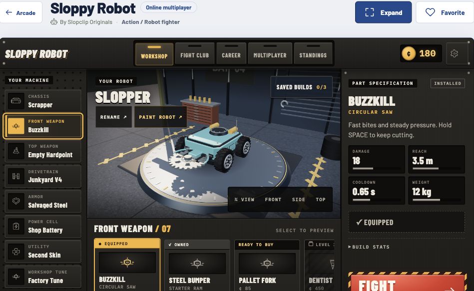 Published Sloppy Robot garage with chassis and weapon slots, parts catalog, Buzzkill statistics and the Fight button
