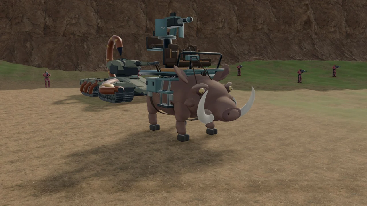 Slop Gulch’s pig-shaped Trailjack with its gunner seat and the tracked Bastion behind it