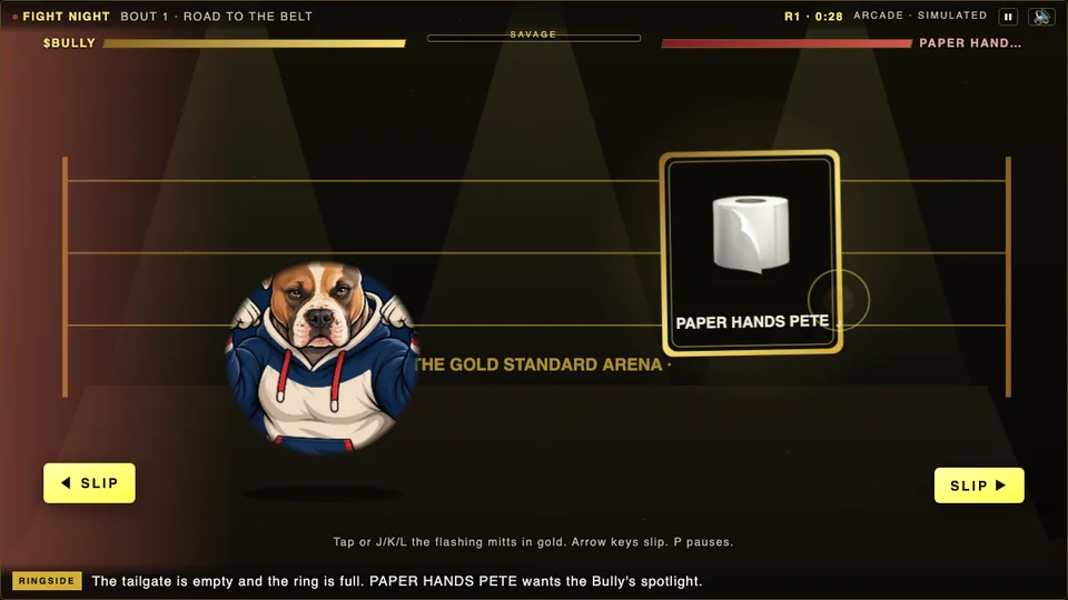 Sparring Session: a bulldog boxer faces Paper Hands Pete in a gold-lit ring