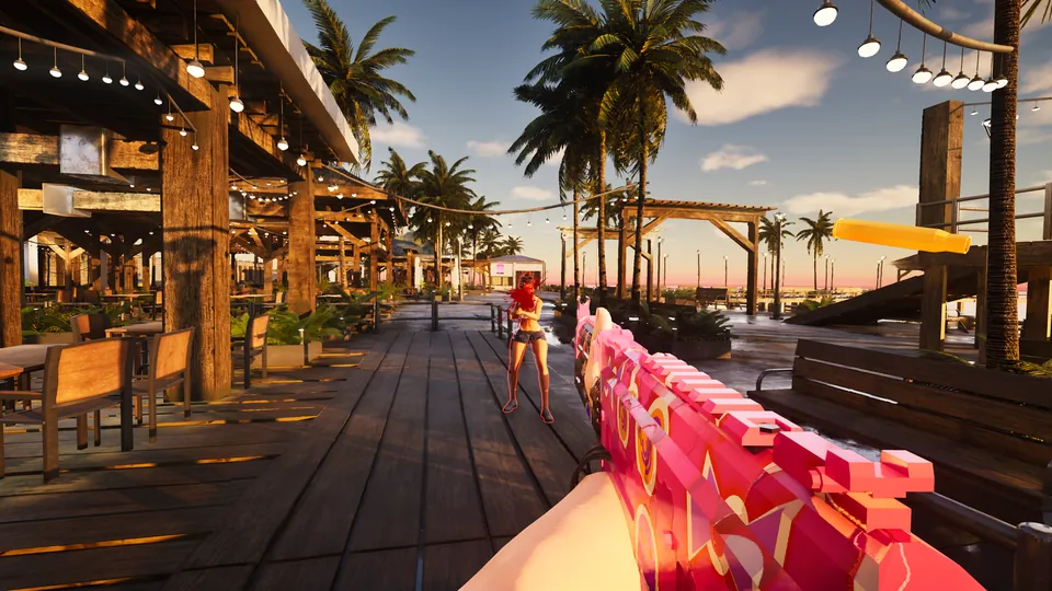 First-person rifle on the sunset Waterfront Baywalk boardwalk