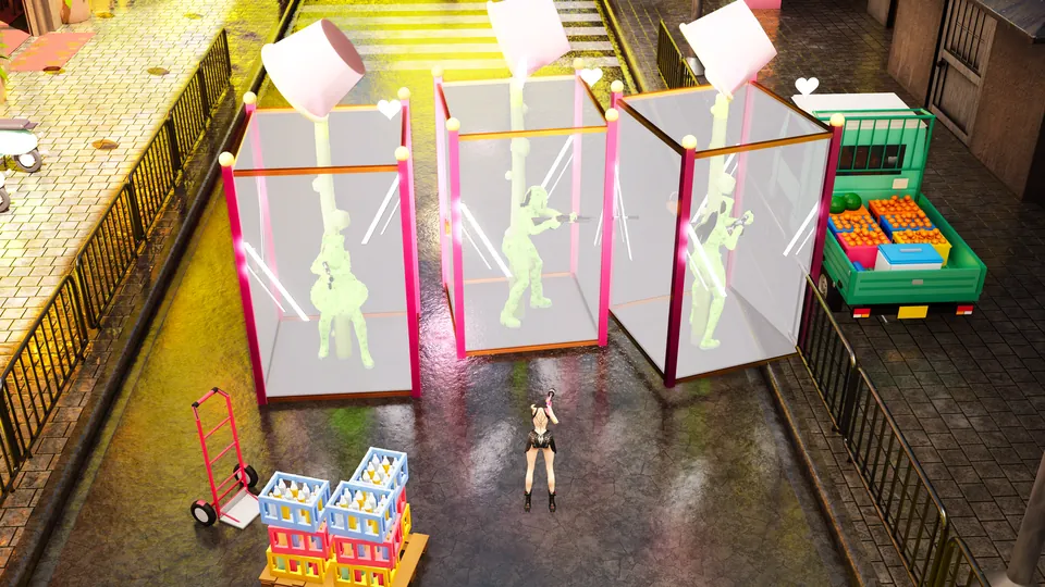 Three enemies caged in glass tanks on the Korean street