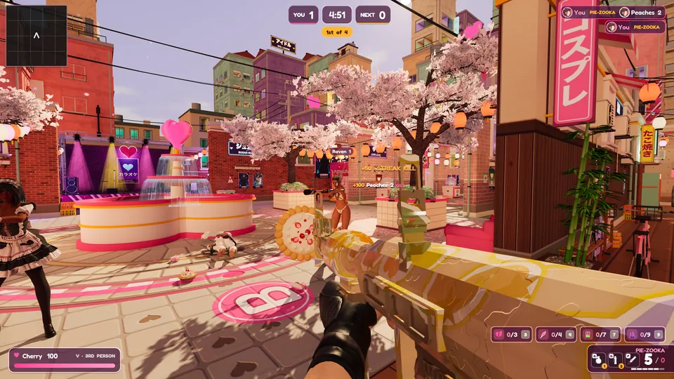 First-person Pie-zooka aimed across the pink Heartbeat District plaza in Fall of Booty