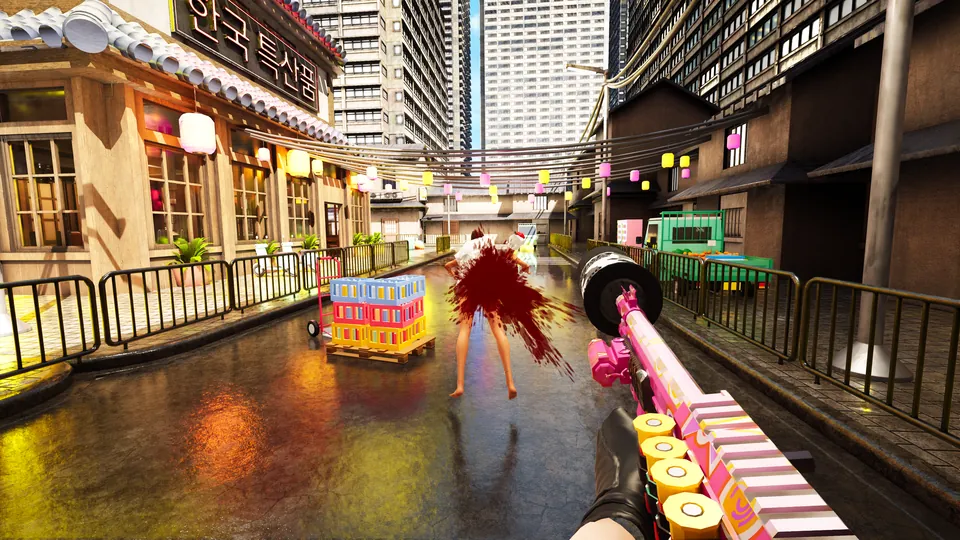 First-person shotgun hit on the rainy Korean street