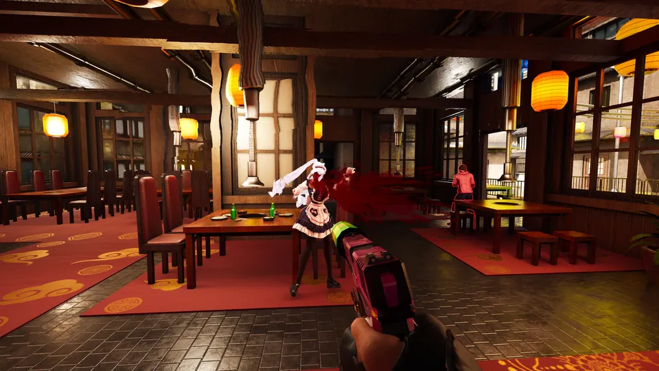 First-person pistol headshot inside the Korean restaurant