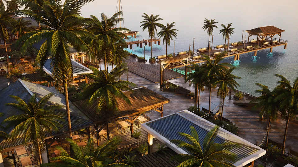 Waterfront Baywalk seen from above at golden hour