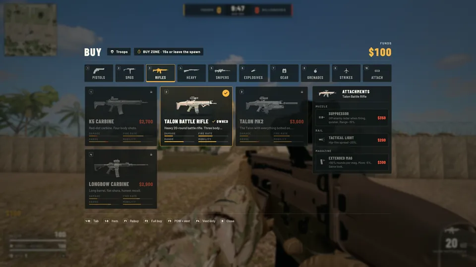 Sloppy Warfare buy menu with rifles and attachments