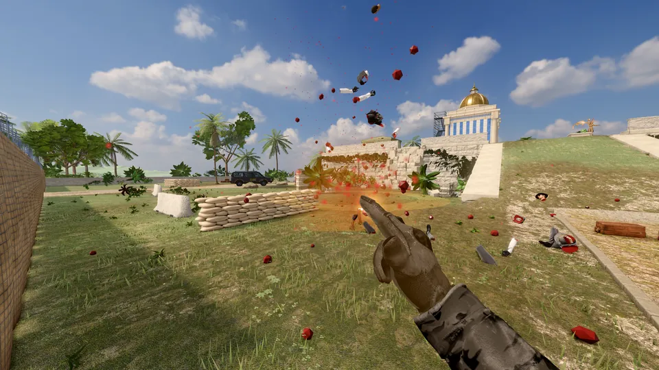 First-person finger gun strike blasting enemies near the temple