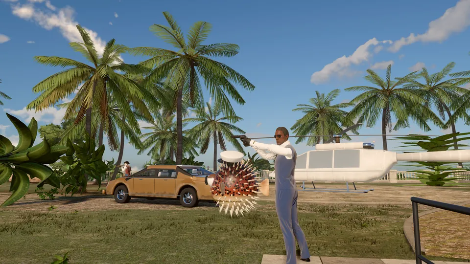A billionaire guard fires as a homing Puff Fish closes in