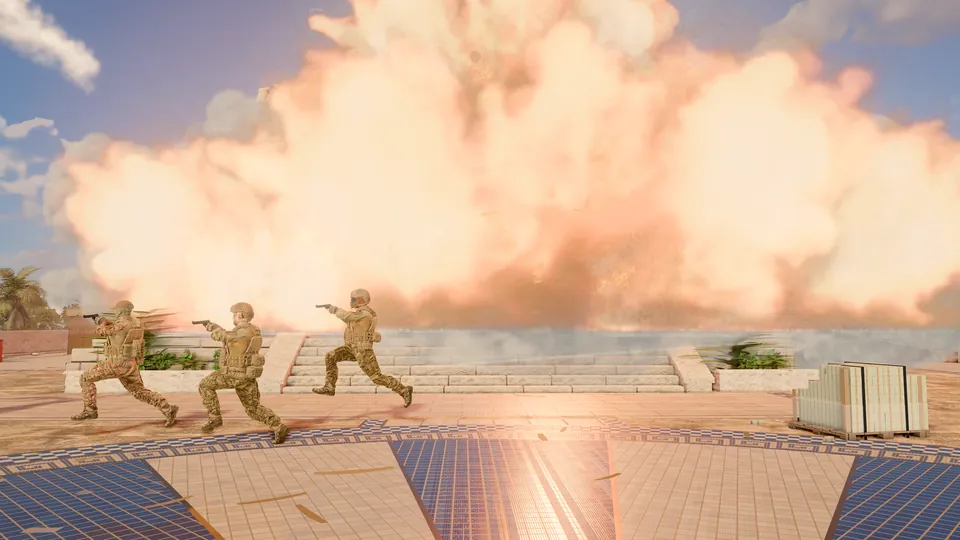 Troops sprint away as the temple explodes mid round